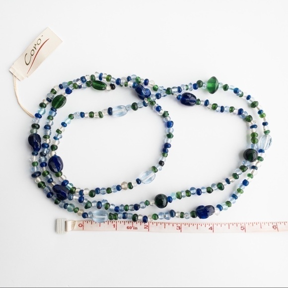 Vintage Coro Necklace Beaded Glass Long Flapper Necklace Blue Green Clear - Picture 8 of 10